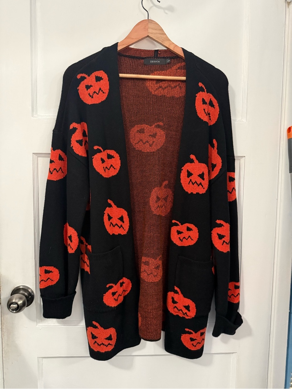Black Cardigan Sweater with Orange Pumpkin Pattern